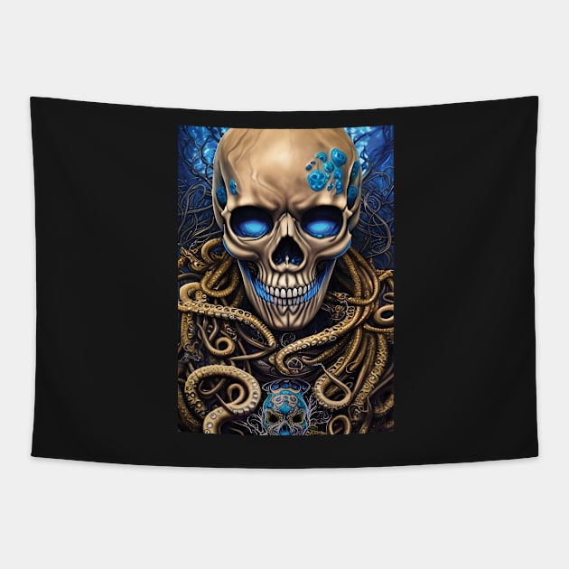 Sunken Skull | Skull and Tentacles Artwork | Sea Skull | Dystopian Skull | Pirate Skull Tapestry by GloomCraft