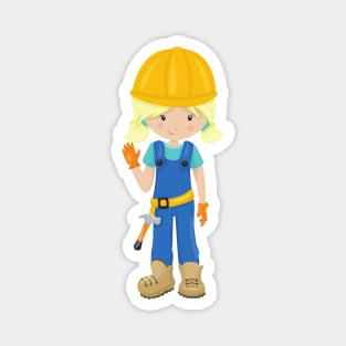 Construction Girl, Blonde Hair, Cute Girl, Hammer Magnet