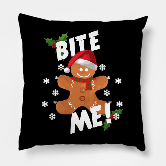 Funny Christmas Gingerbread Bite Me! Pillow by dnlribeiro88