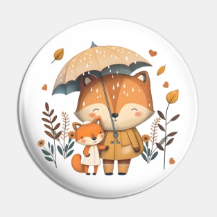 Cute Foxes Sharing an Umbrella Pink Pin