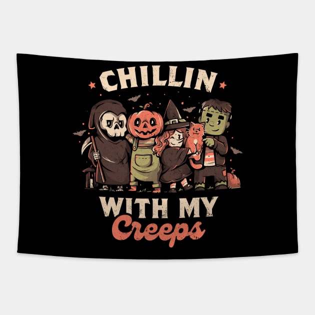 Chilling With My Creeps - Cute Funny Evil Halloween Gift Tapestry by eduely