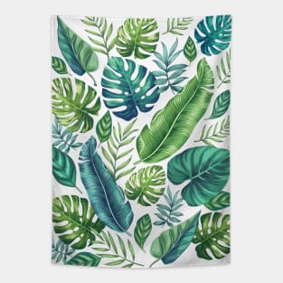 Green & Teal Tropical Palm Banana Monstera Leaves Tapestry