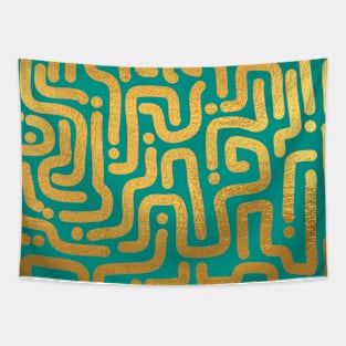 Teal Blue Gold colored abstract lines pattern Tapestry