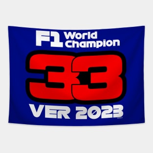 Max Verstappen 2023 F1 Champion White Text Tapestry