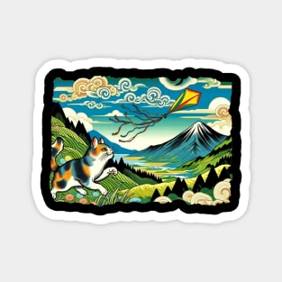 Vintage Japanese Art Kite Flying Mountain Mt. Fuji Cute Cat Magnet