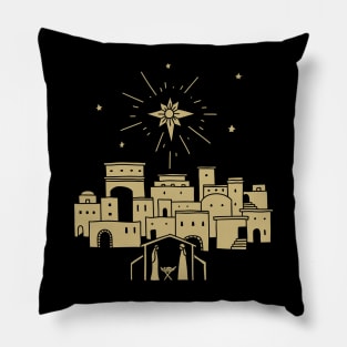 Star over Bethlehem. Mary, Joseph and baby Jesus in the stable. Pillow