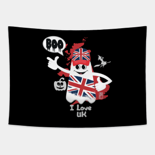 BOO GHOST with the English flag "I love UK" - cute Halloween Tapestry