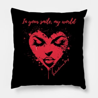 In your smile, my world. A Valentines Day Celebration Quote With Heart-Shaped Woman Pillow