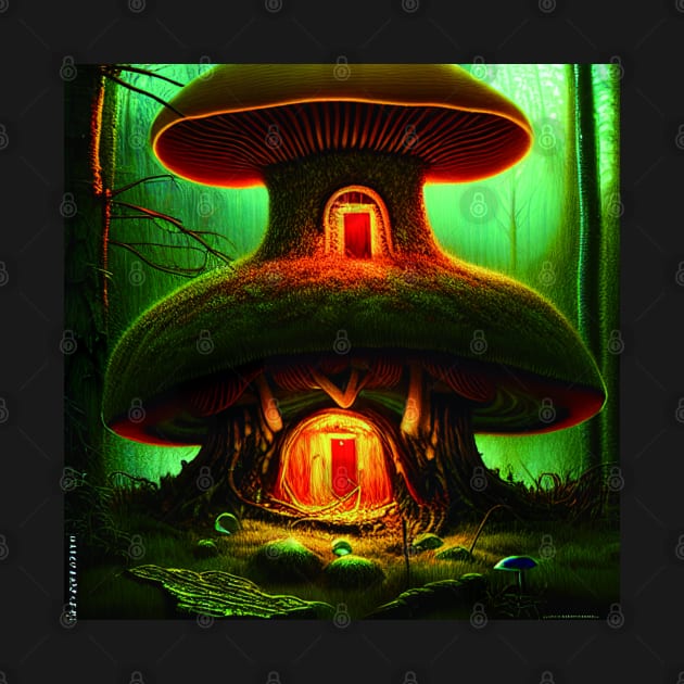 Magical Big Cottage Mushroom House with Lights in Forest with High Trees, Mushroom Aesthetic by Promen Art