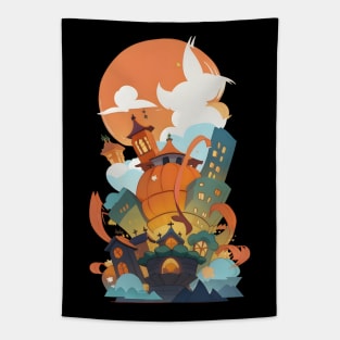 Halloween Cute Pumpkin City Tapestry