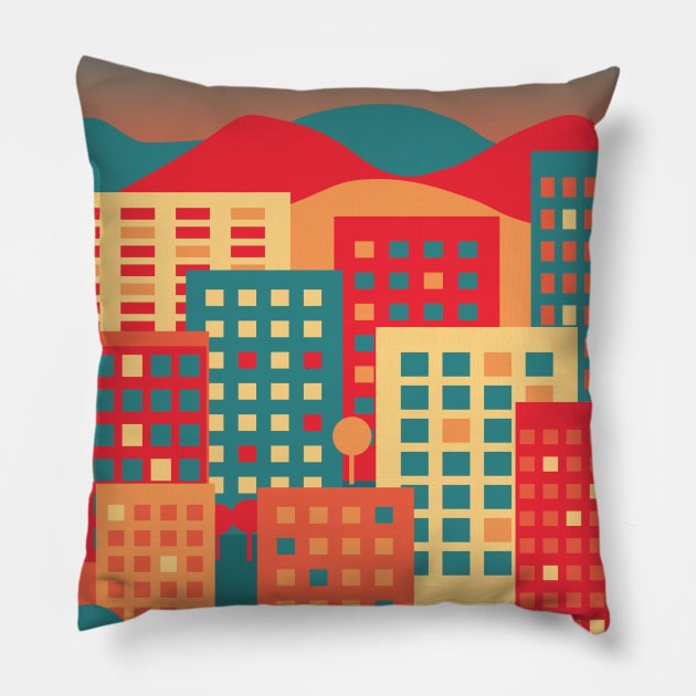 Warm colors illustration of a cityscape at night Pillow by Nosa rez