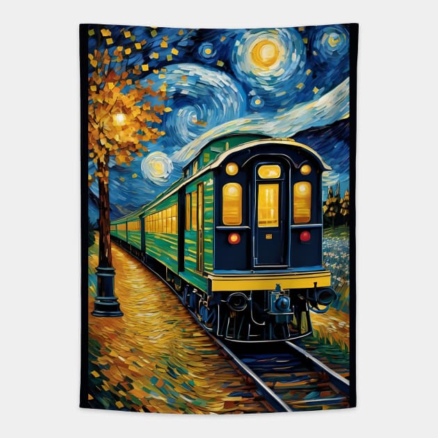 Vincent van Gogh Starry night style train Tapestry by Spaceboyishere