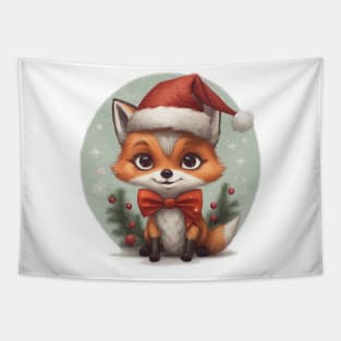 cute little fox cub wearing a santa hat Tapestry