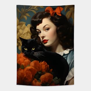 Vintage Beauty with her Black Cat Tapestry