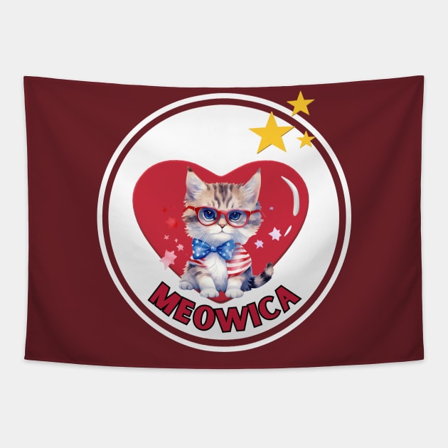 A meowica cute kitty cat with glasses on 4th of July with heart Tapestry by Shean Fritts 