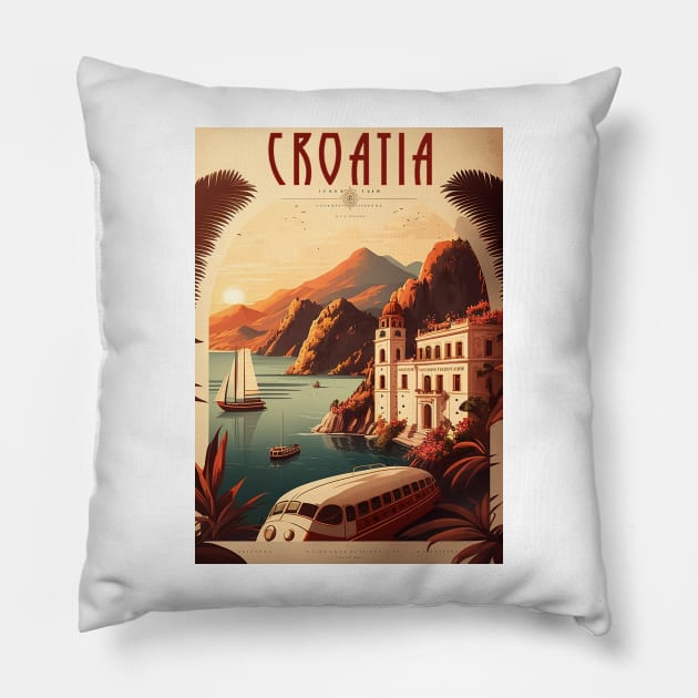 Croatia Coastline Vintage Travel Art Poster Pillow by OldTravelArt