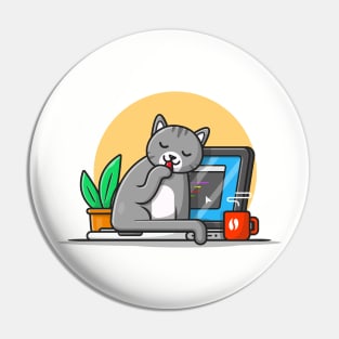 Cute Cat With Laptop Cartoon Vector Icon Illustration. Animal Technology Icon Concept Isolated Premium Vector Pin