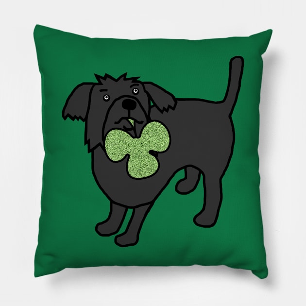 Cute Dog Holding Green Club Pillow by ellenhenryart