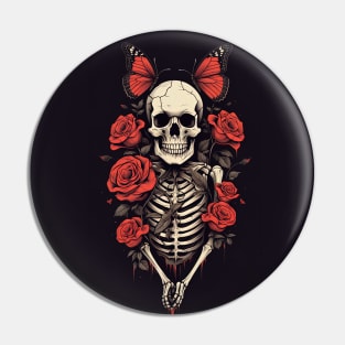 skeleton with roses on black background Pin