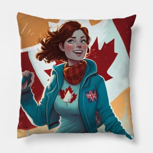 True North Strong and Free - Canadian woman proudly showing the flag. Pillow