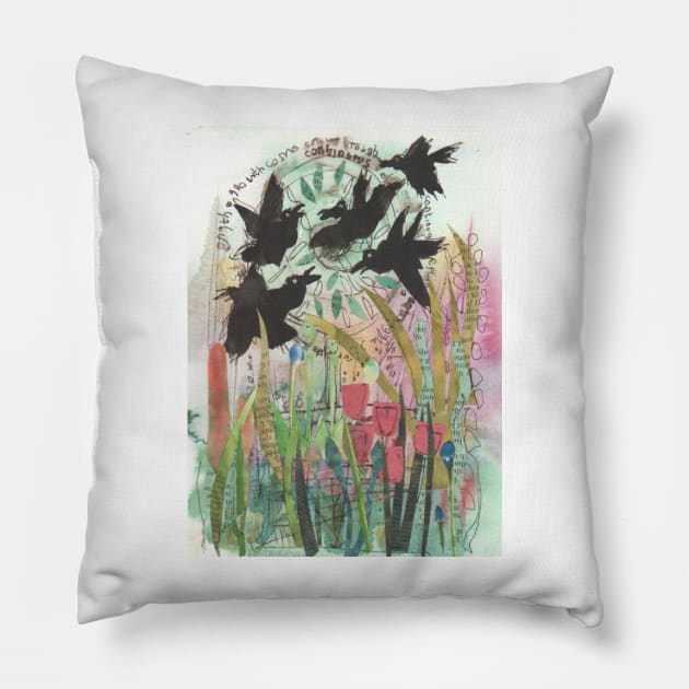 Crows in summer, birds have flown the nest Pillow by krisevansart