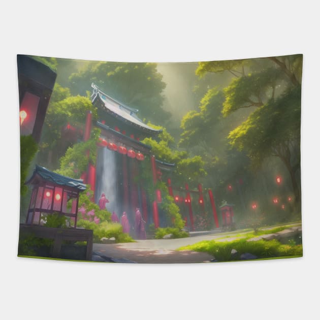 Japanese Torii Gate in a Fantasy Forest Tapestry by cocorf