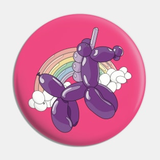 A light and dark purple unicorn balloon with a ballon rainbow and balloon clouds behind it. Pin