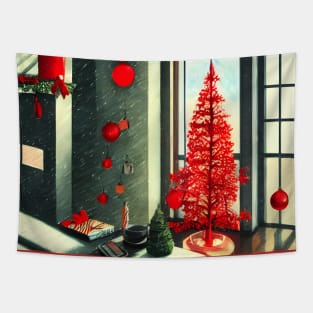 Wonderful Time with Red Christmas Tree with Christmas Traditions Xmas Ornaments Tapestry