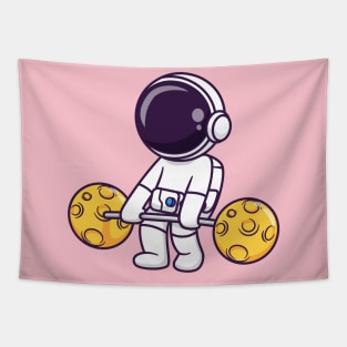 Cute Astronaut Lifting Moon Barbell Cartoon Tapestry