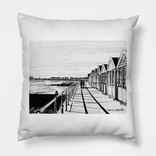 Southwold Beach Huts at Sunset Ink Sketch Pillow