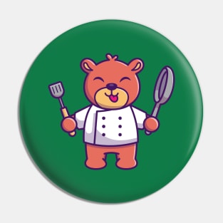 Cute Chef Bear Holding Pan And Spatula Cartoon Pin