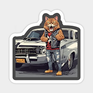 Rock cat and his muscle car Magnet