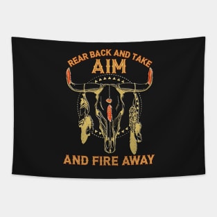 Vintage Rear Back And Take Aim And Fire Away Bull-Skull With Feather Tapestry