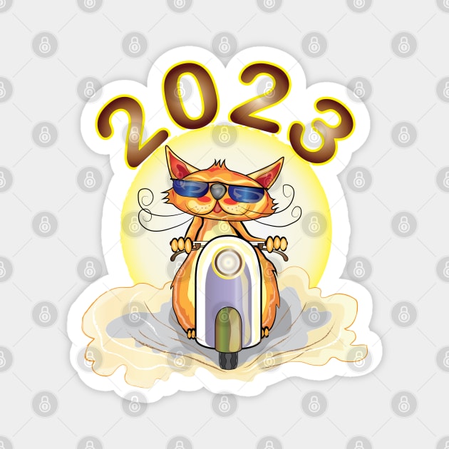 cat riding a scooter new year 2023 Magnet by ArticArtac