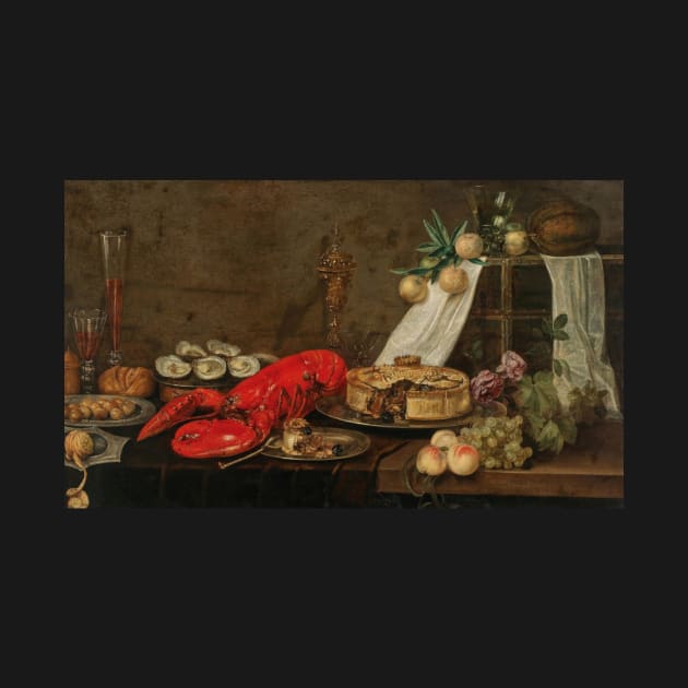 A Lobster, Oysters, Pastry, Mixed Fruit and Filled Wine Glasses on a Partially Draped Table by Frans Ykens by Classic Art Stall