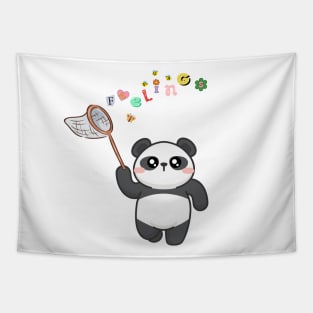 cute panda catching feelings bee and butterfly Tapestry