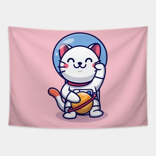 Cute Cat Astronaut With Planet Cartoon Tapestry