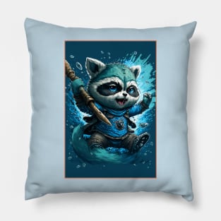 Warrior Raccoon Splash Art Smiling and holding a spear. Pillow