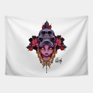 Girl face skull peonies Tapestry