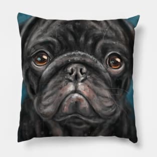 Contemporary Painting of a Young Black Pug with Gorgeous Innocent Expression on Blue Background Pillow