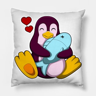 Penguin with Fish & Hearts Pillow