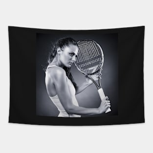Young female tennis player with racket Tapestry