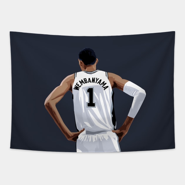 Victor Wembanyama Vector Back White Above Waist Qiangy Tapestry by qiangdade