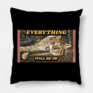 Everything will be OK (kitty cat with smiley face tag) Pillow