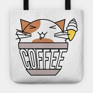 Cat in coffee cup with warped text holding ice cream white and orange Tote