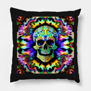 Skull Tie Dye Psychedelic Trippy Rainbow Purple Neon Pillow