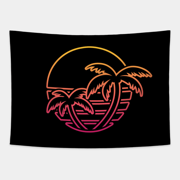 Retro Outrun Tropical Sun (Line Art) Tapestry by NeonSunset