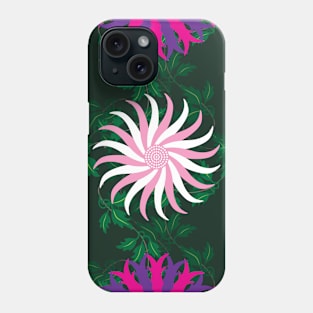 White, Pink, Cerise and Purple Flowers on a Vine Leaves and Forest Green background Phone Case