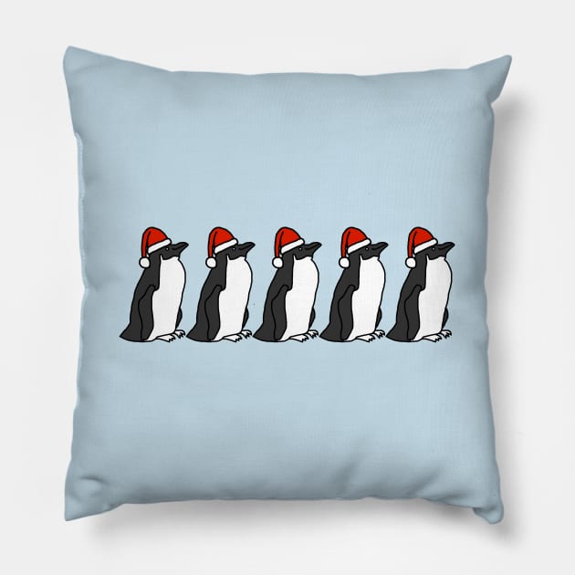 Funny Christmas Five Penguins in Santa Hats Pillow by ellenhenryart