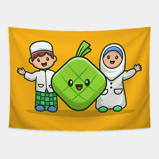 Moslem Couple With Cute Ketupat Cartoon Illustration Tapestry by Catalyst Labs